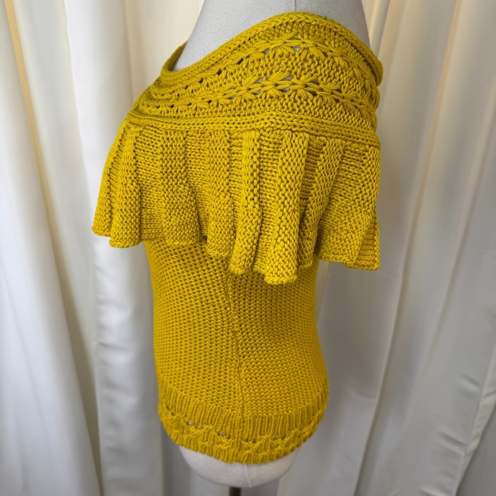 Anthropologie Mustard Yellow Ruffled Off-The-Shoulder Crocheted Sweater Size XS - Picture 7 of 16
